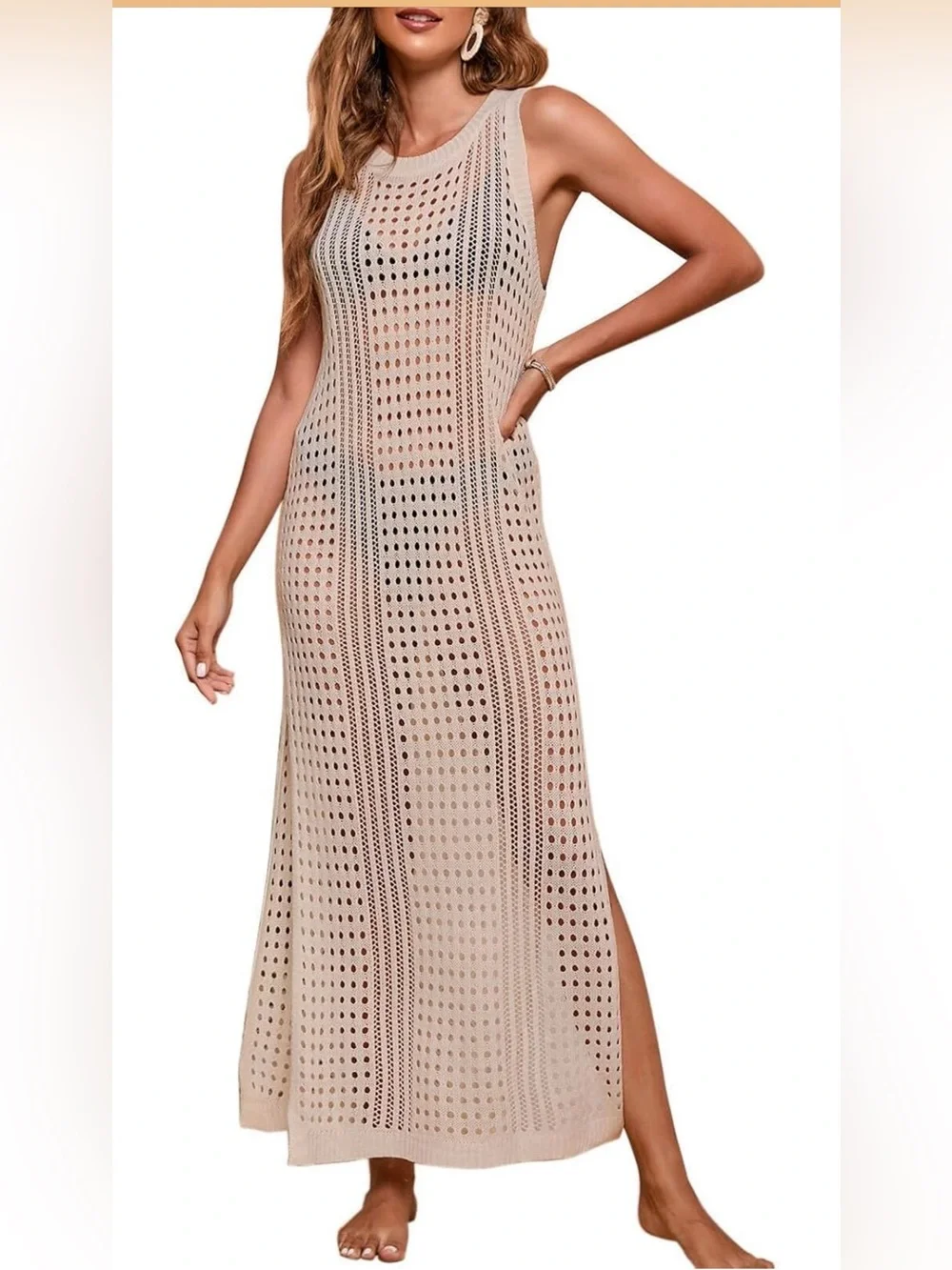 cha cha vente Beige Crochet Maxi Swim Coverup Dress